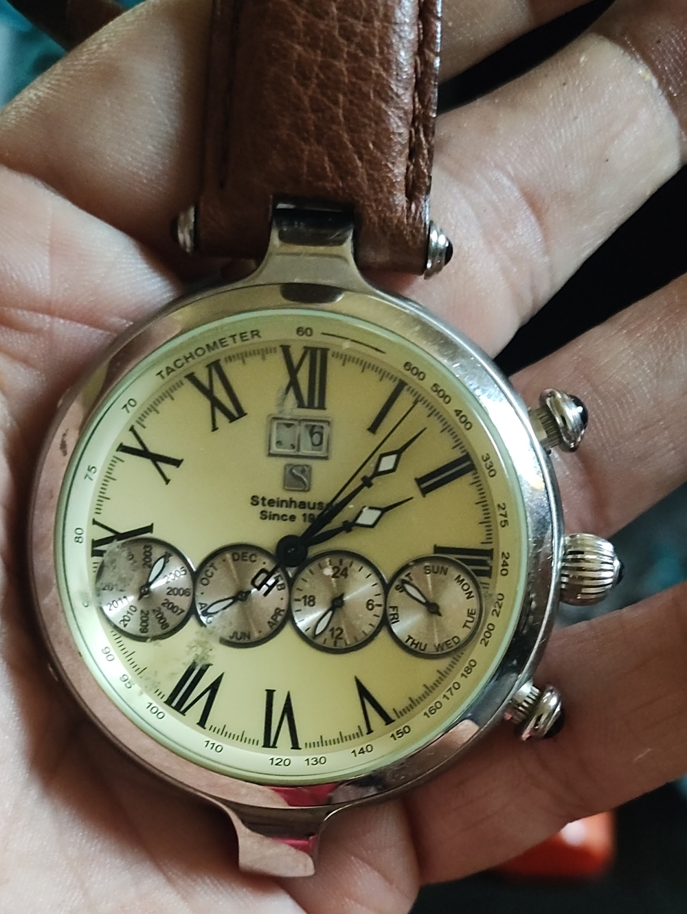 Men's Brown Leather Strap Chronograph Watch - Cream Dial